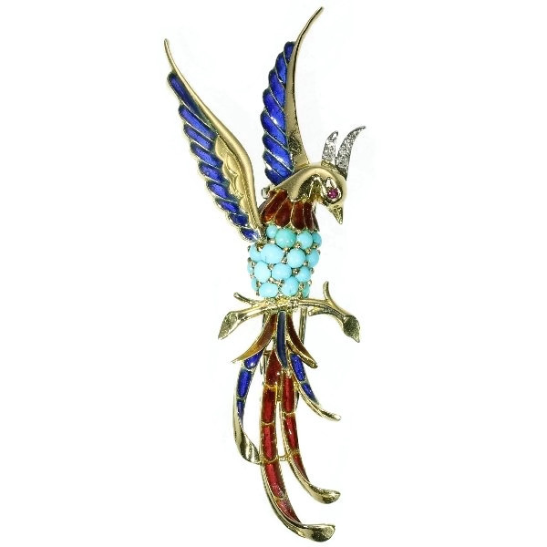 French Fifties bejeweled gold brooch bird of paradise with plique ajour enamel